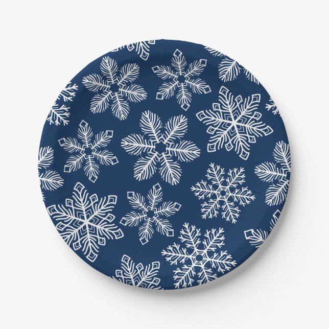 Snowflakes on dark blue paper plates (Front)