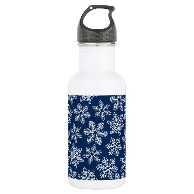 Snowflakes on dark blue stainless steel water bottle (Front)