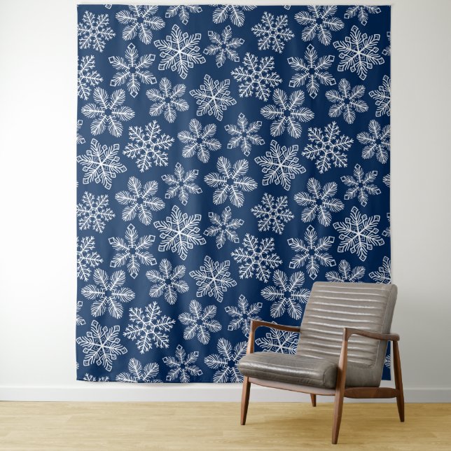 Snowflakes on dark blue tapestry (In Situ)