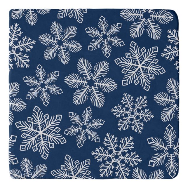 Snowflakes on dark blue trivet (Front)