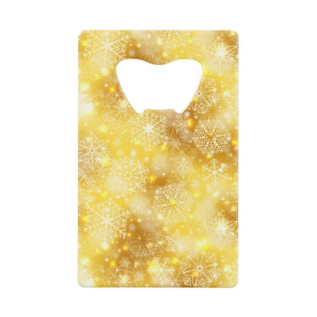 Snowflakes on golden credit card bottle opener (Front)