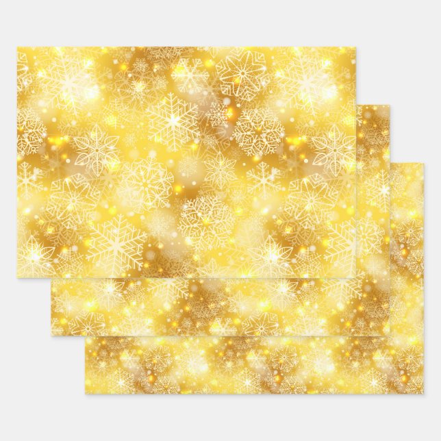 Snowflakes on golden wrapping paper sheets (Set)