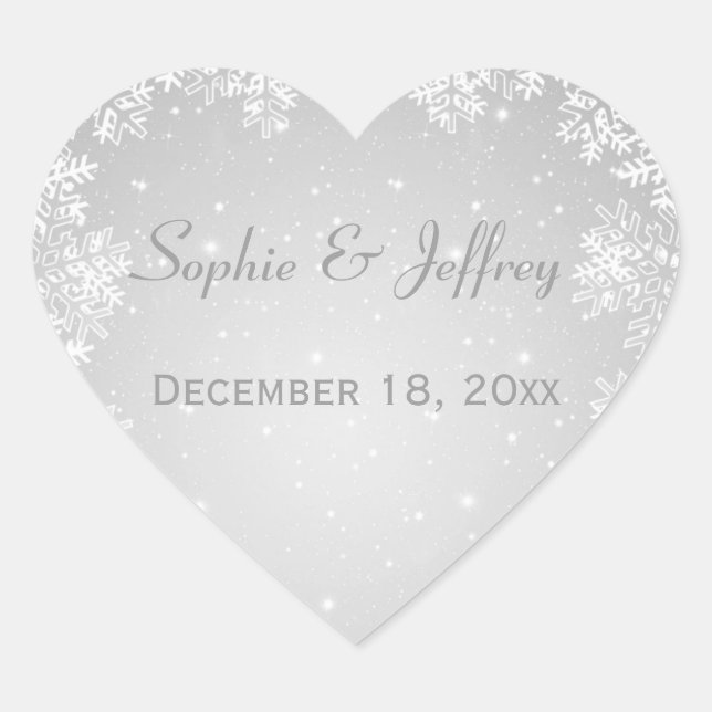 Snowflakes on gray Save the Date Wedding Heart Sticker (Front)