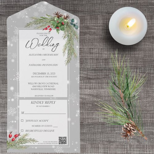 Snowflakes on Gray with Pine Branches QR Code  All In One Invitation