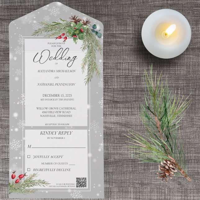Snowflakes on Gray with Pine Branches QR Code  All In One Invitation (Creator Uploaded)