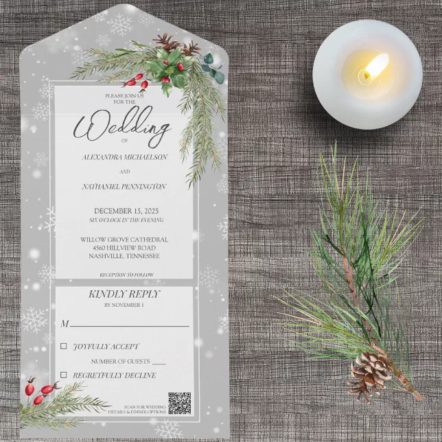 Snowflakes on Gray with Pine Branches QR Code All In One Invitation ...
