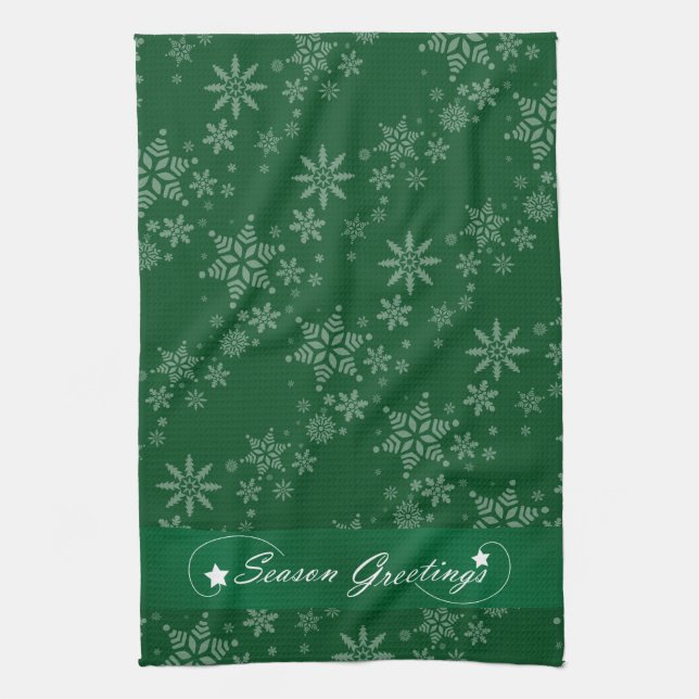 Snowflakes on Green Background Kitchen Towel (Vertical)