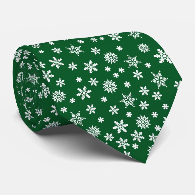 Snowflakes on Green Christmas Neck Tie (Rolled)