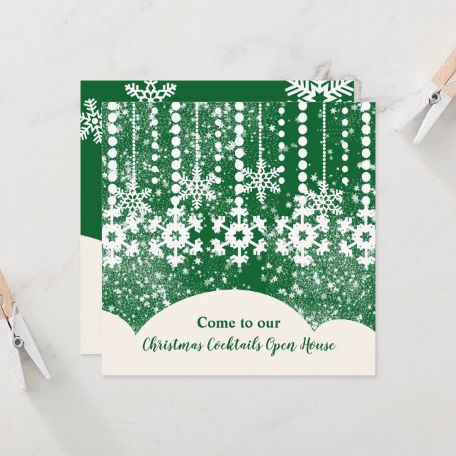 Snowflakes on Green Christmas Party Invitation (Front/Back In Situ)