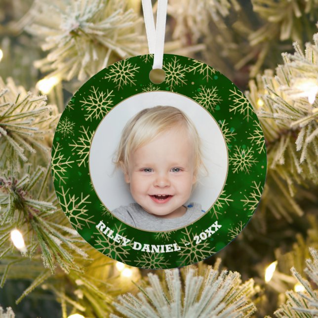Snowflakes on Green Photo Metal Ornament (Insitu)