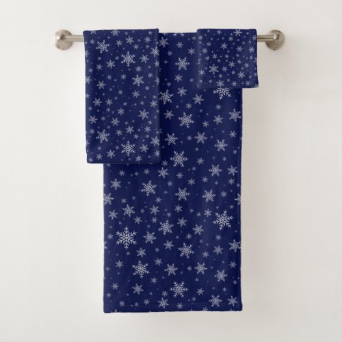 Snowflakes on Navy Blue Bath Towel Set