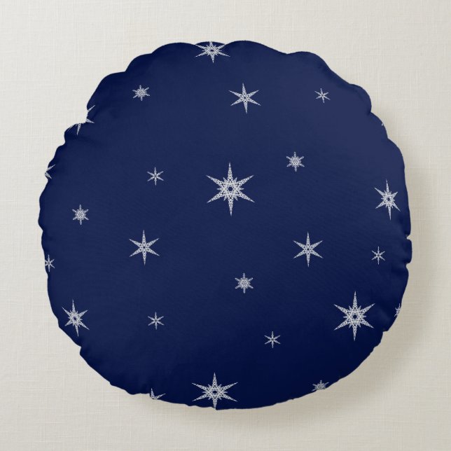 Snowflakes On Navy Blue | Round Mix and Match Pillow (Front)