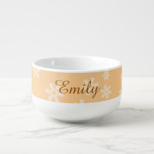 Snowflakes on Orange Background Soup Mug