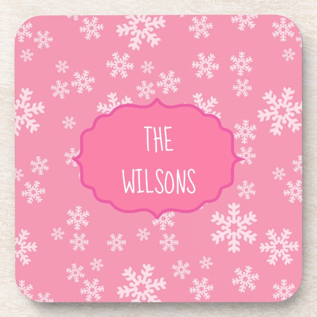 Snowflakes on Pink Background Beverage Coaster (Front)