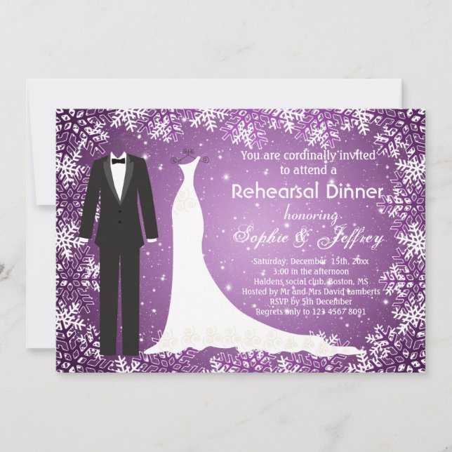 Snowflakes on purple Christmas Rehearsal Dinner Invitation (Front)