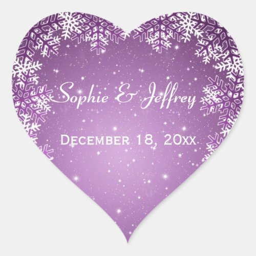 Snowflakes on purple Save the Date Wedding Heart Sticker