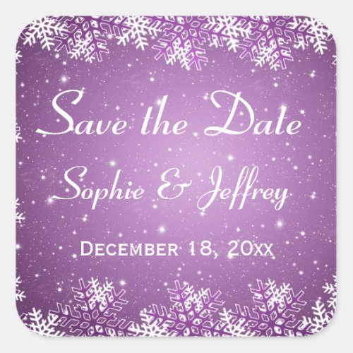 Snowflakes on purple Wedding Save the Date Square Sticker