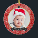 Snowflakes on Red 1st Christmas Photo Ornament<br><div class="desc">Delicate white snowflakes over a red background.  Circle photo in the middle framed in gold.  Easy to customize to create a special keepsake of Baby's 1st Christmas!  Please replace the template photo prior to purchasing.</div>