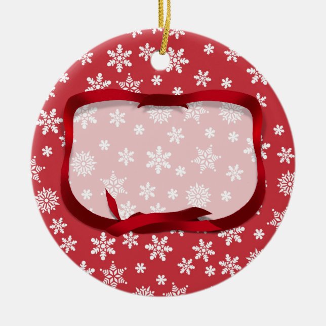 Snowflakes on Red Background Christmas Ceramic Ornament (Front)