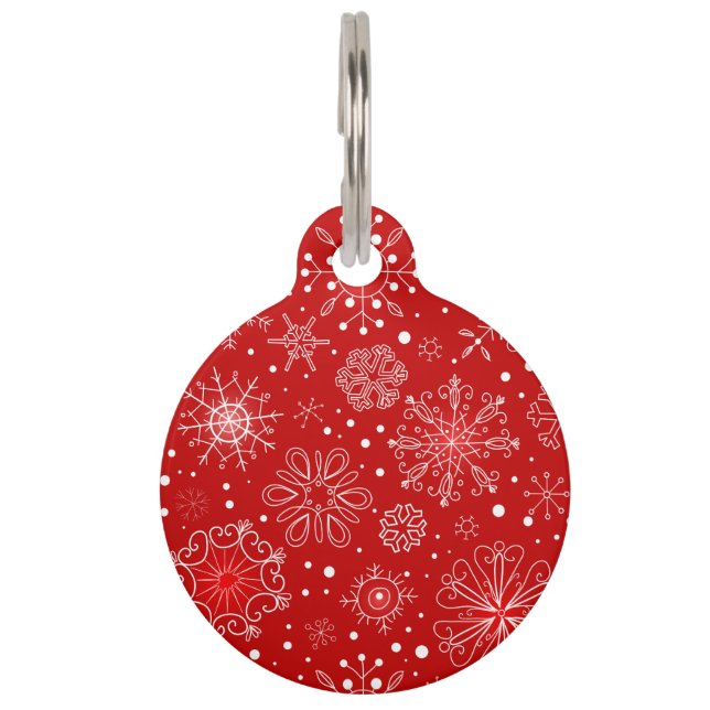 Snowflakes on Red Background Pet ID Tag (Back)