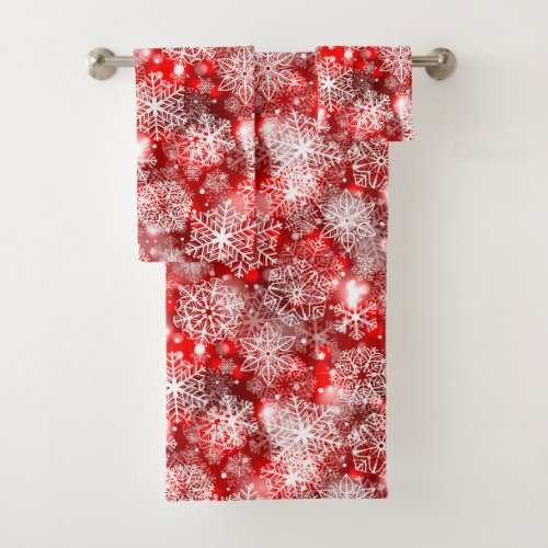 Snowflakes on red bath towel set