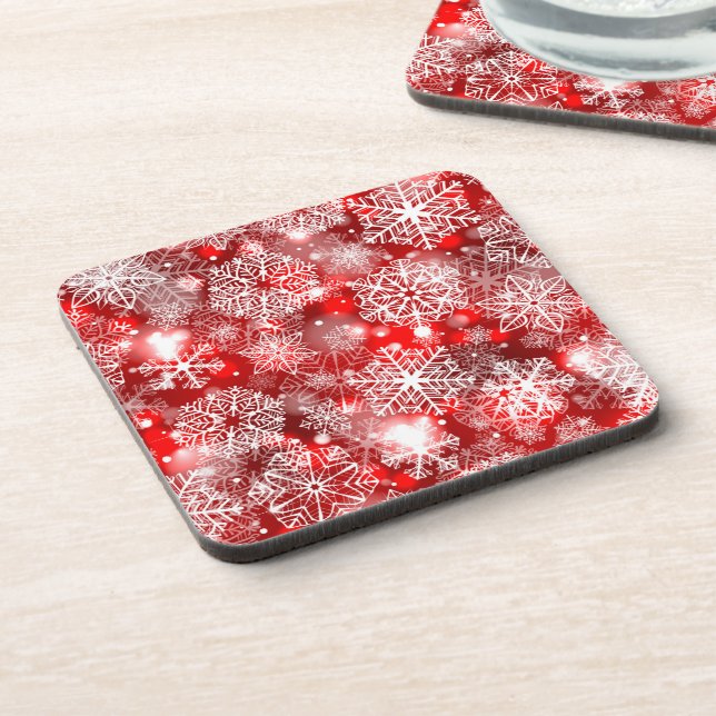 Snowflakes on red beverage coaster (Left Side)