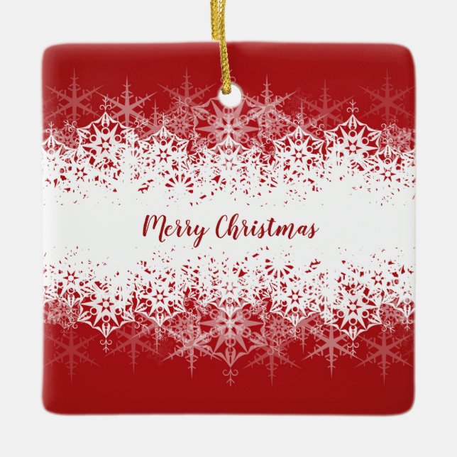 Snowflakes on Red Christmas Ceramic Ornament (Front)