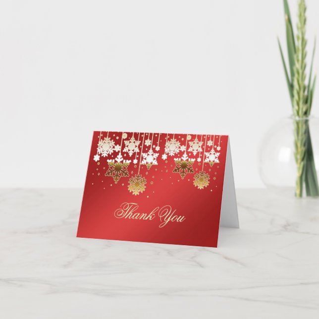 Snowflakes on red Christmas Wedding Thank You Note Card (Front)