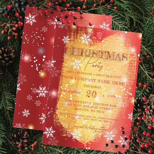 Snowflakes on Red Gold Corporate Christmas Party Invitation
