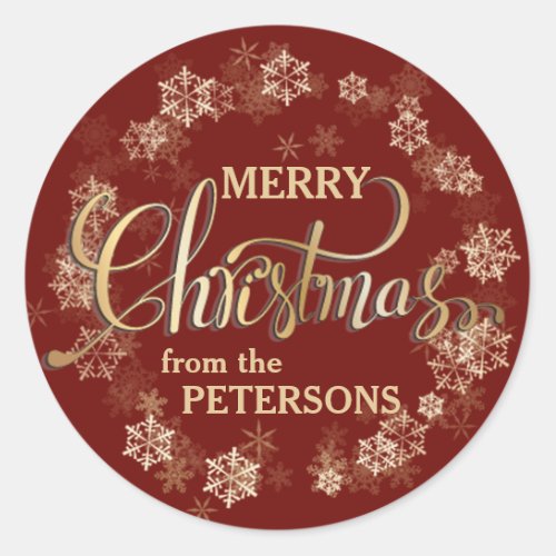 Snowflakes on Red Gold Letter Merry Christmas Classic Round Sticker