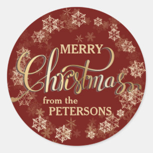 Snowflakes on Red Gold Letter Merry Christmas Classic Round Sticker