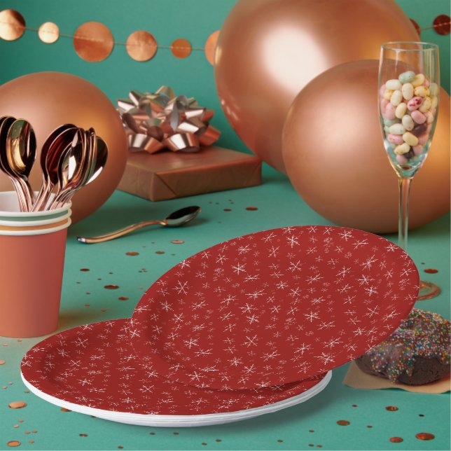 Snowflakes on Red Paper Plates (Multi)