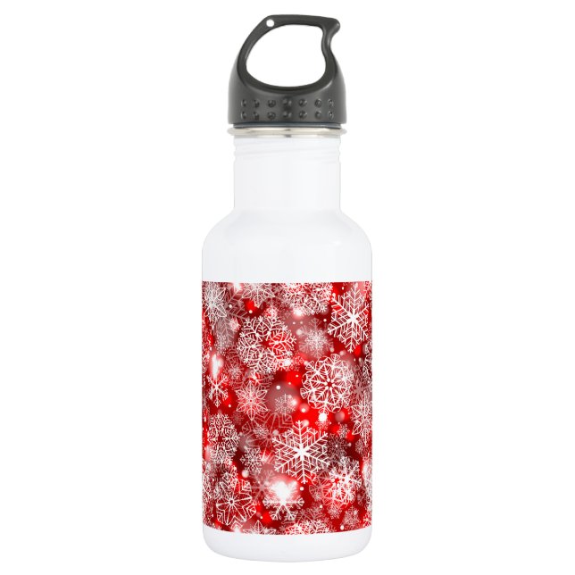 Snowflakes on red stainless steel water bottle (Front)