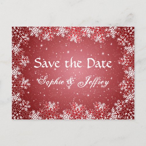 Snowflakes on red wedding Save the date Postcard