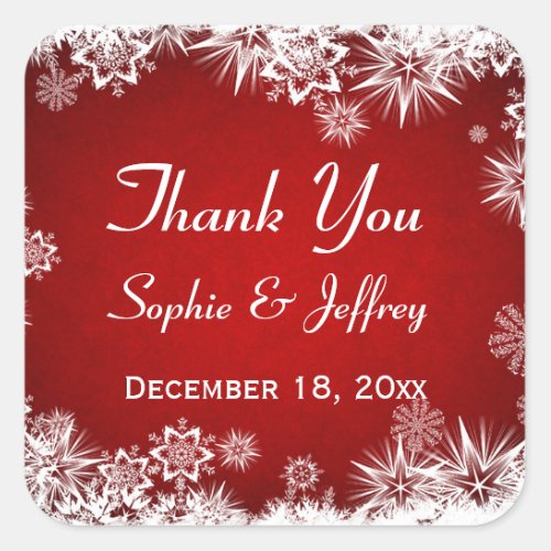 Snowflakes on red Wedding Thank You Square Sticker