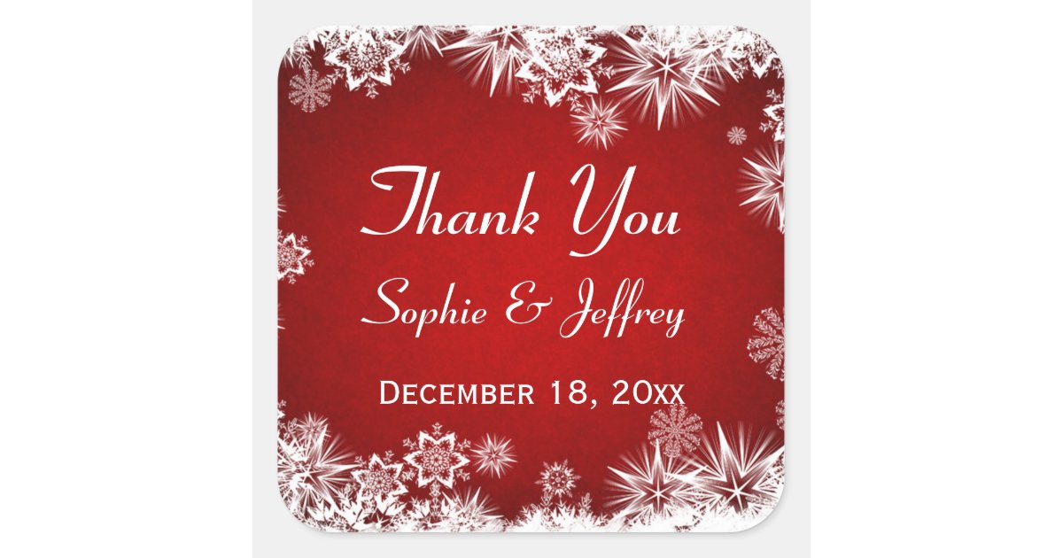 Snowflakes on red Wedding Thank You Square Sticker | Zazzle