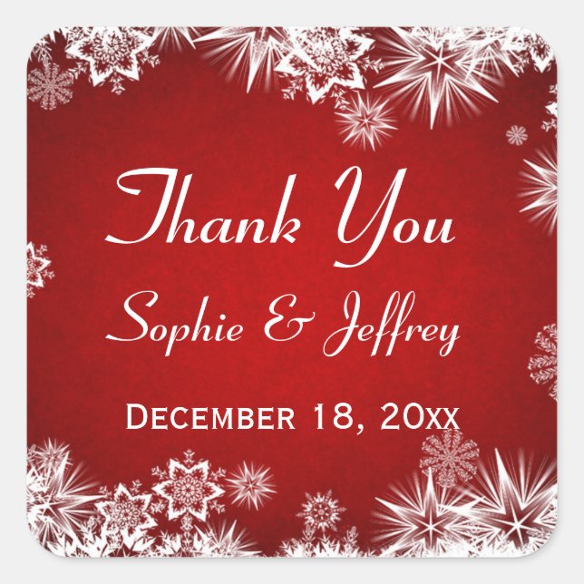 Snowflakes on red Wedding Thank You Square Sticker (Front)
