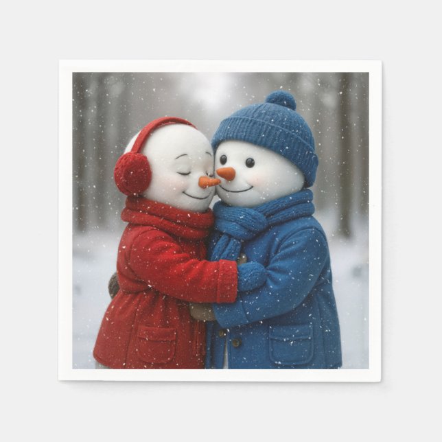 Snowflakes on Snowman Couple in Winter Forest Napkins (Front)