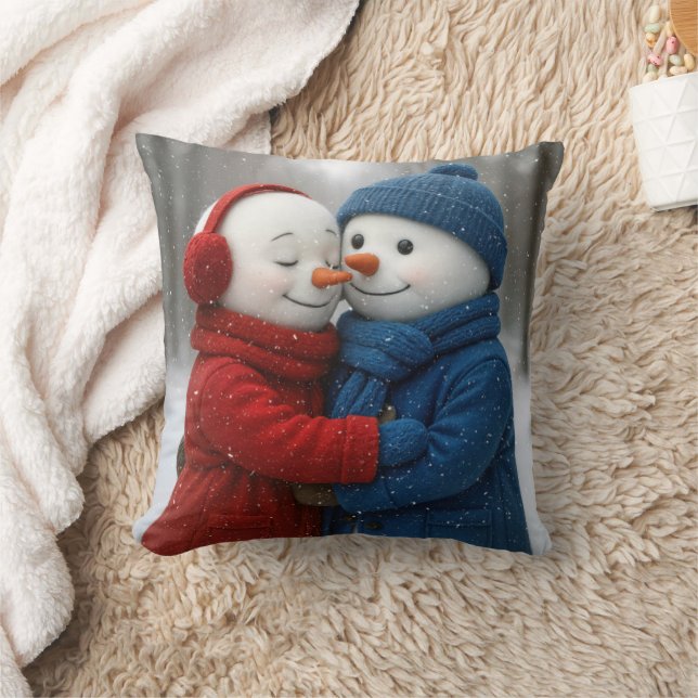 Snowflakes on Snowman Couple in Winter Forest Throw Pillow (Blanket)