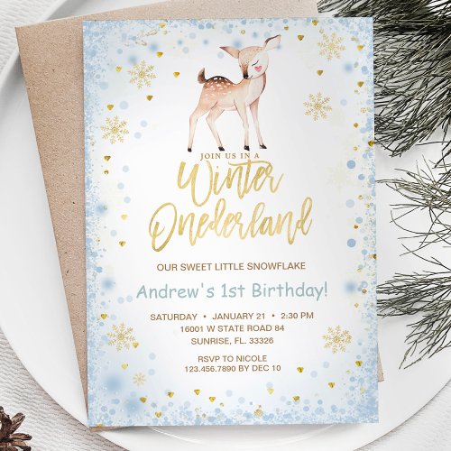 Snowflakes Onederland Christmas Reindeer Birthday  Invitation