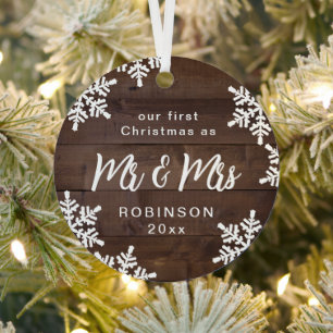 Snowflakes Our First Christmas Mr & Mrs Script Metal Ornament