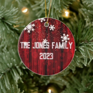 Snowflakes over Rustic Red Wood - Personalize Ceramic Ornament