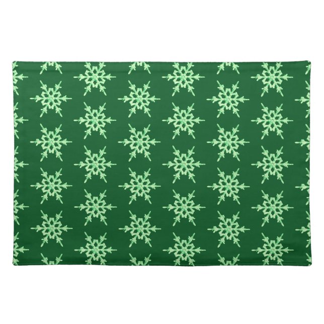 Snowflakes, pale green crystals on dark green placemat (Front)