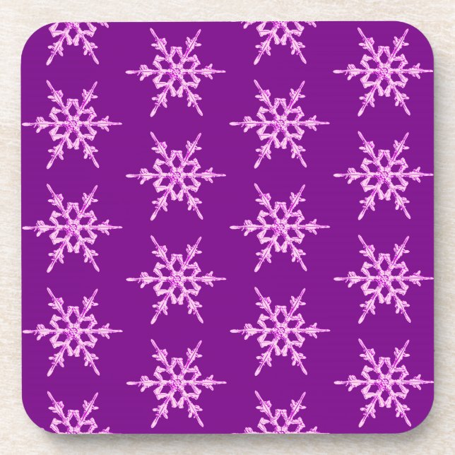 Snowflakes, pale orchid crystals on purple drink coaster (Front)
