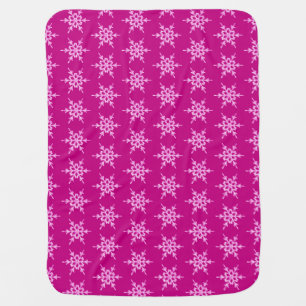 Snowflakes, pale pink crystals on magenta stroller blanket