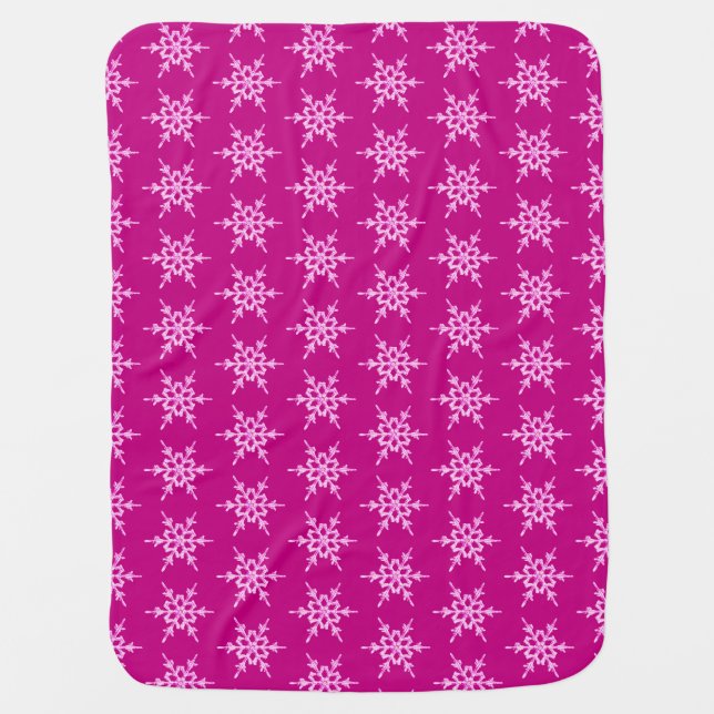 Snowflakes, pale pink crystals on magenta stroller blanket (Front)