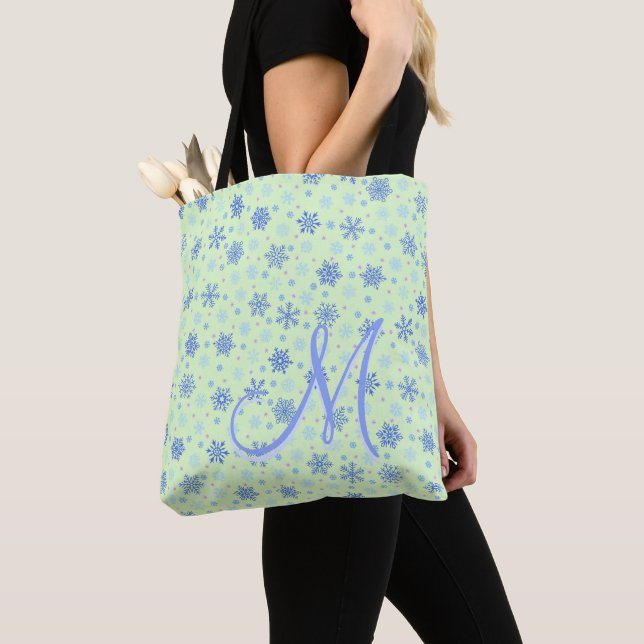 Snowflakes Pastel Green Modern Elegant Monogram Tote Bag (Close Up)
