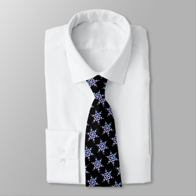 Snowflakes, pastel Iridescent crystal on black Tie (Tied)