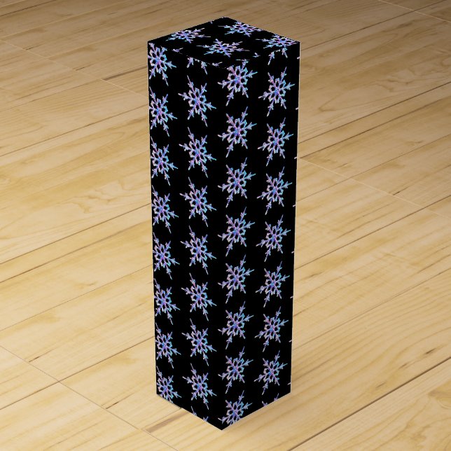 Snowflakes, pastel Iridescent crystal on black Wine Gift Box (Front)