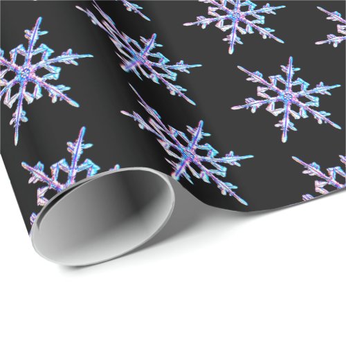 Snowflakes pastel Iridescent crystal on black Wrapping Paper